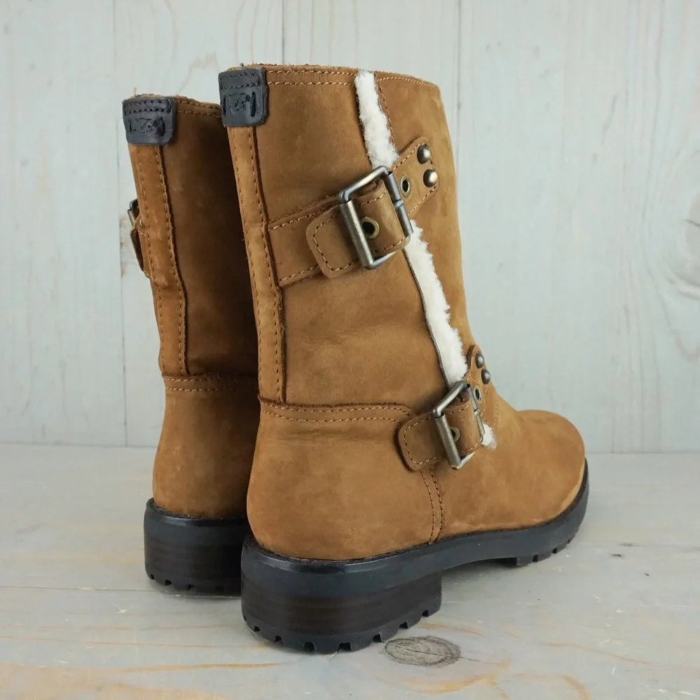 - UGG NIELS CHESTNUT WATERPROOF FUR TRIM MOTO BOOT - Picture 5 of 7